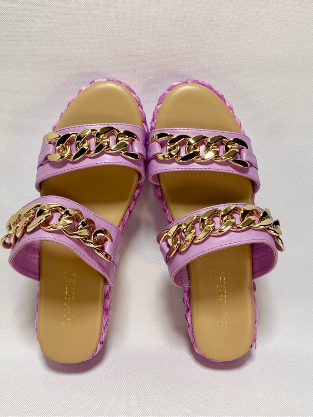 Shoe Dazzle Lilac Slide Sandals with Gold Chain Trim